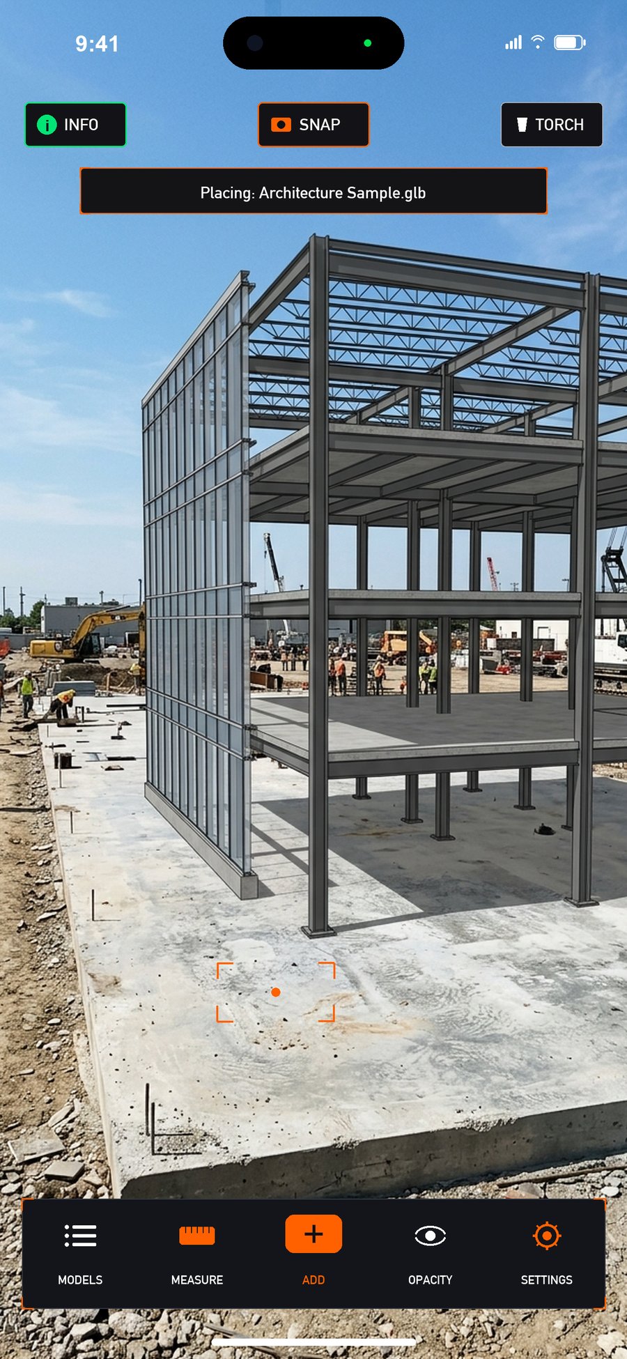 OnsiteBIM App UI displaying 3D BIM model overlay on active construction site