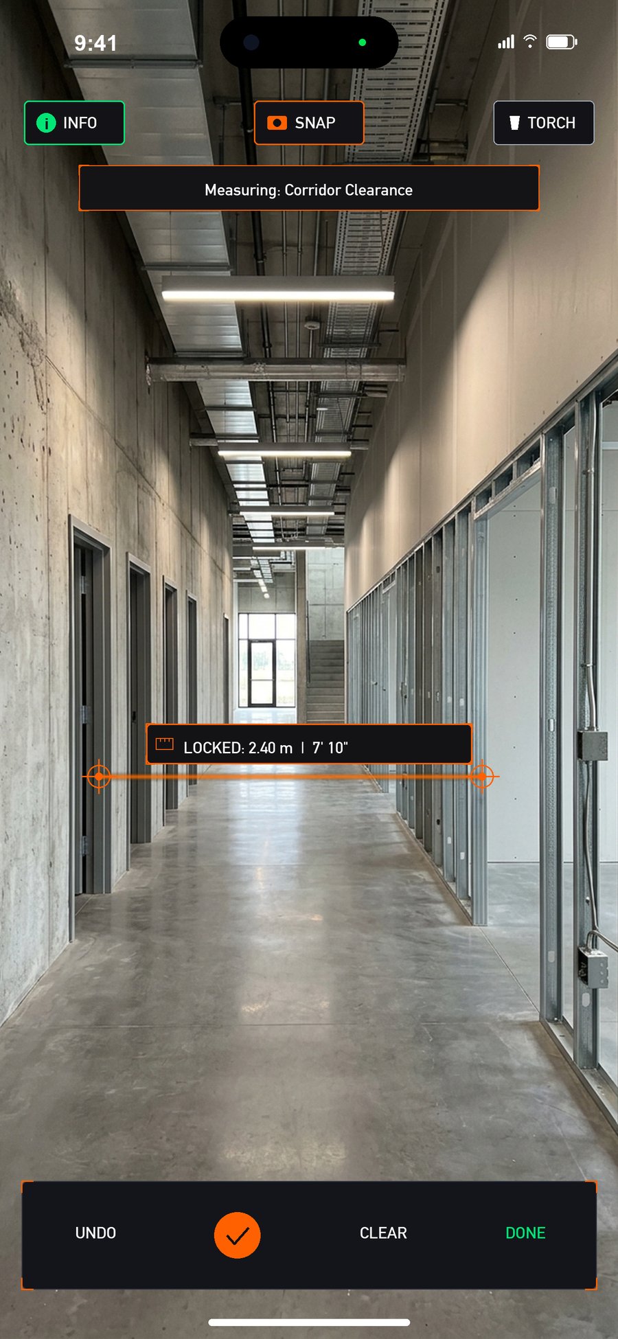 OnsiteBIM Precision AR Measurement measuring corridor clearance with dual readouts