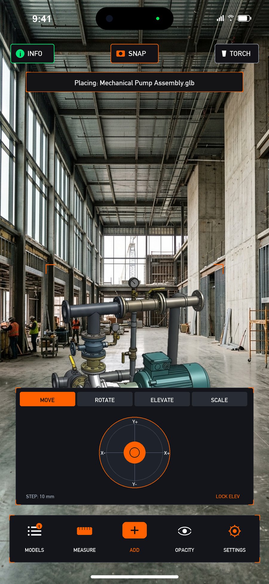 OnsiteBIM precision manual placement controls with polar joystick and 10mm stepping