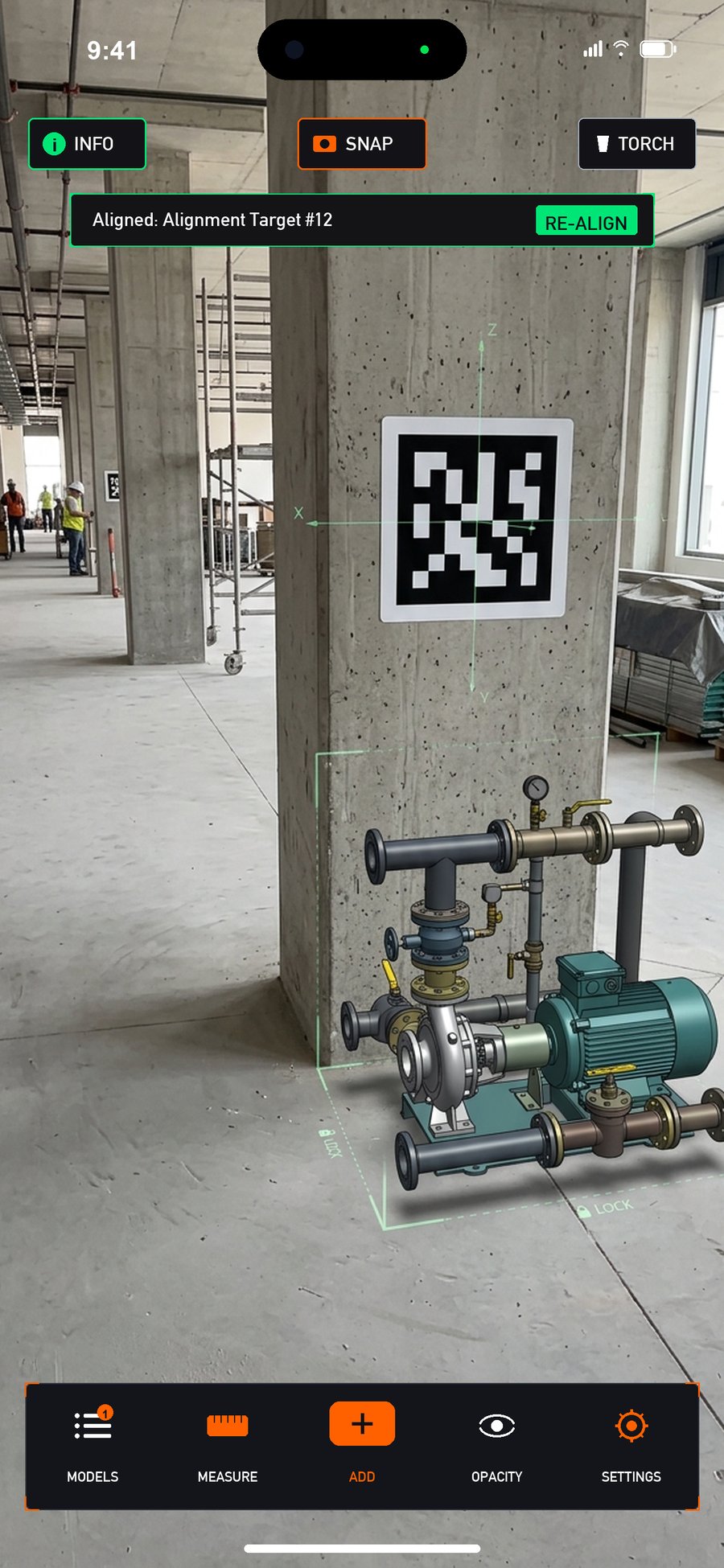 OnsiteBIM 6-DOF Alignment Target auto-aligned mechanical pump assembly on jobsite floor